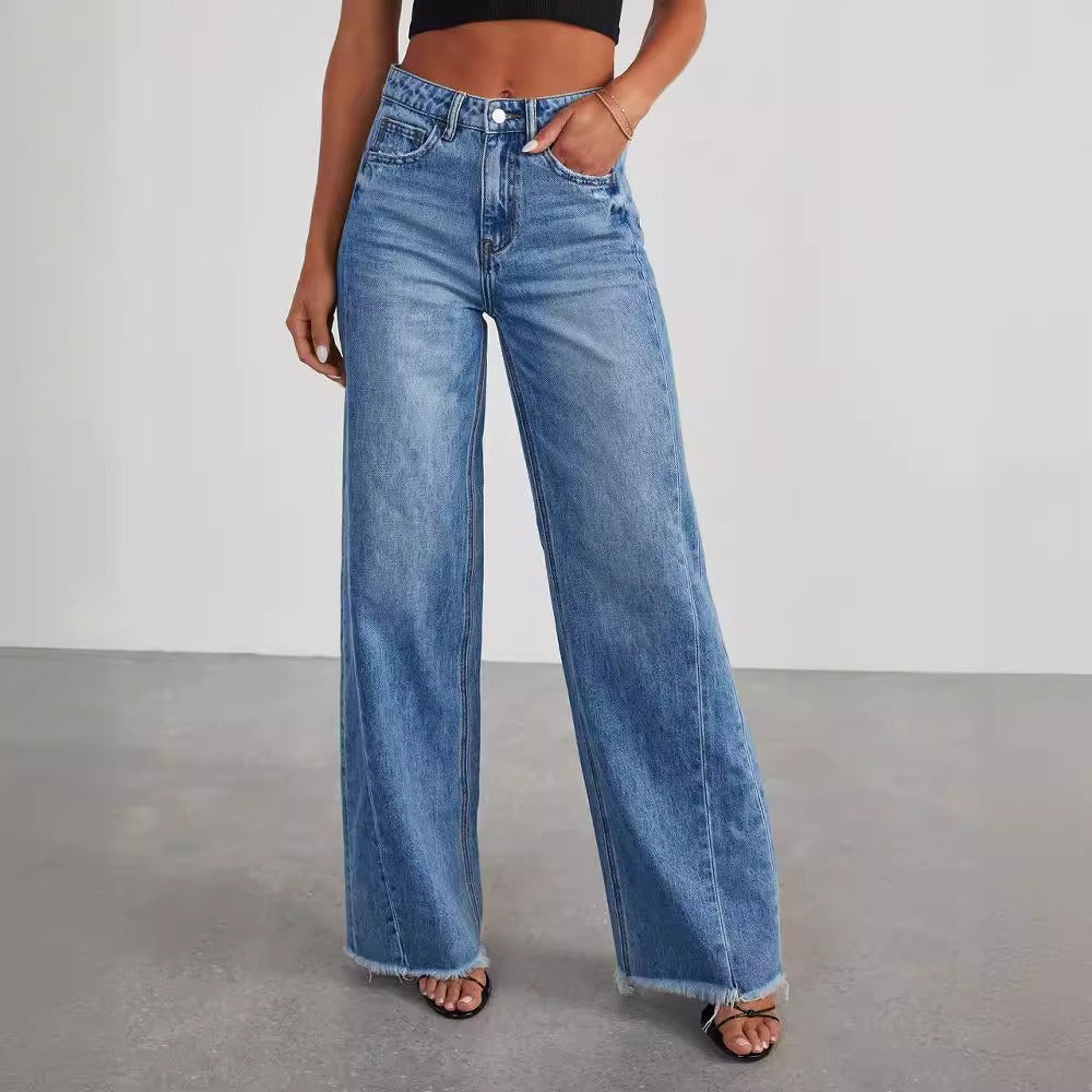 Loose wide leg side seam patchwork with ground hem jeans for women