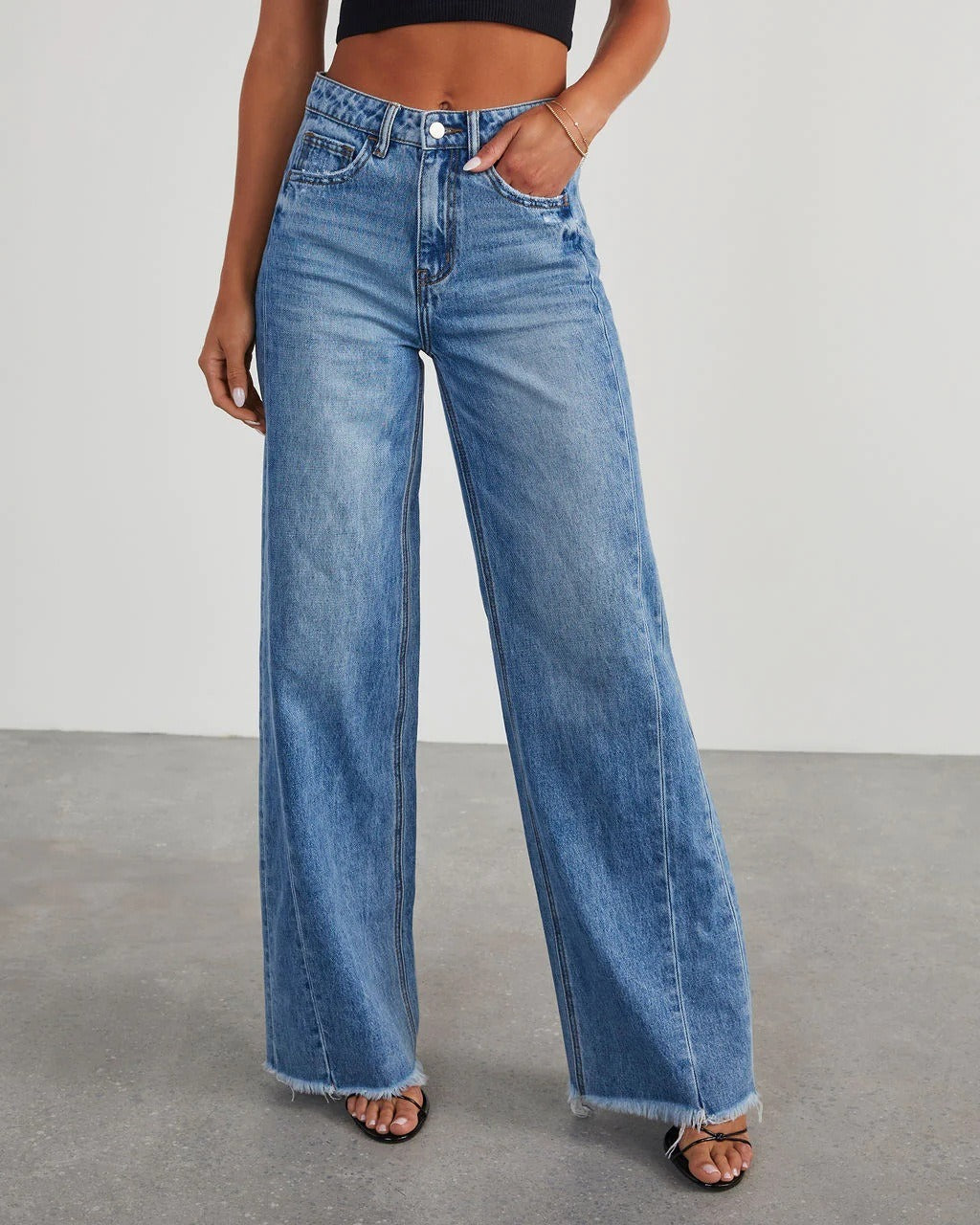 Loose wide leg side seam patchwork with ground hem jeans for women