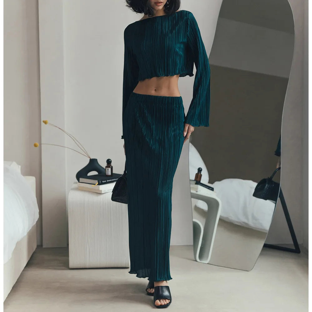 Women Pleated Long Tops and Half Skirt Set Summer  Casual  Sexy Ruffled Crop Tops Loose High Waist Women's Suit