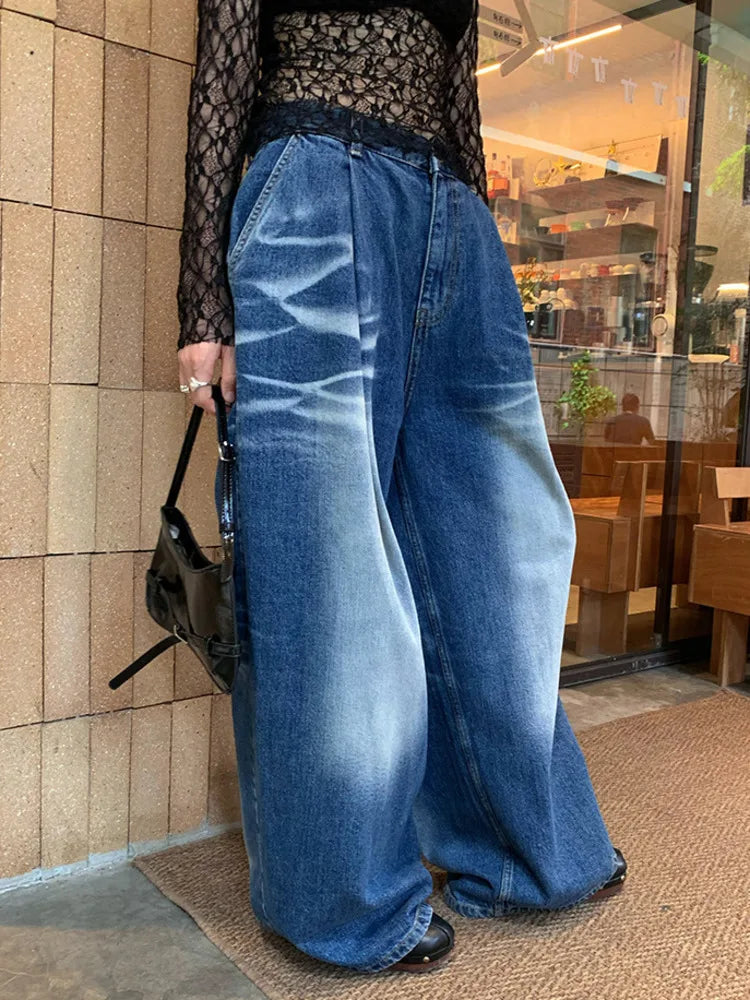 Pattern jeans for women loose pleated wide leg pants for women